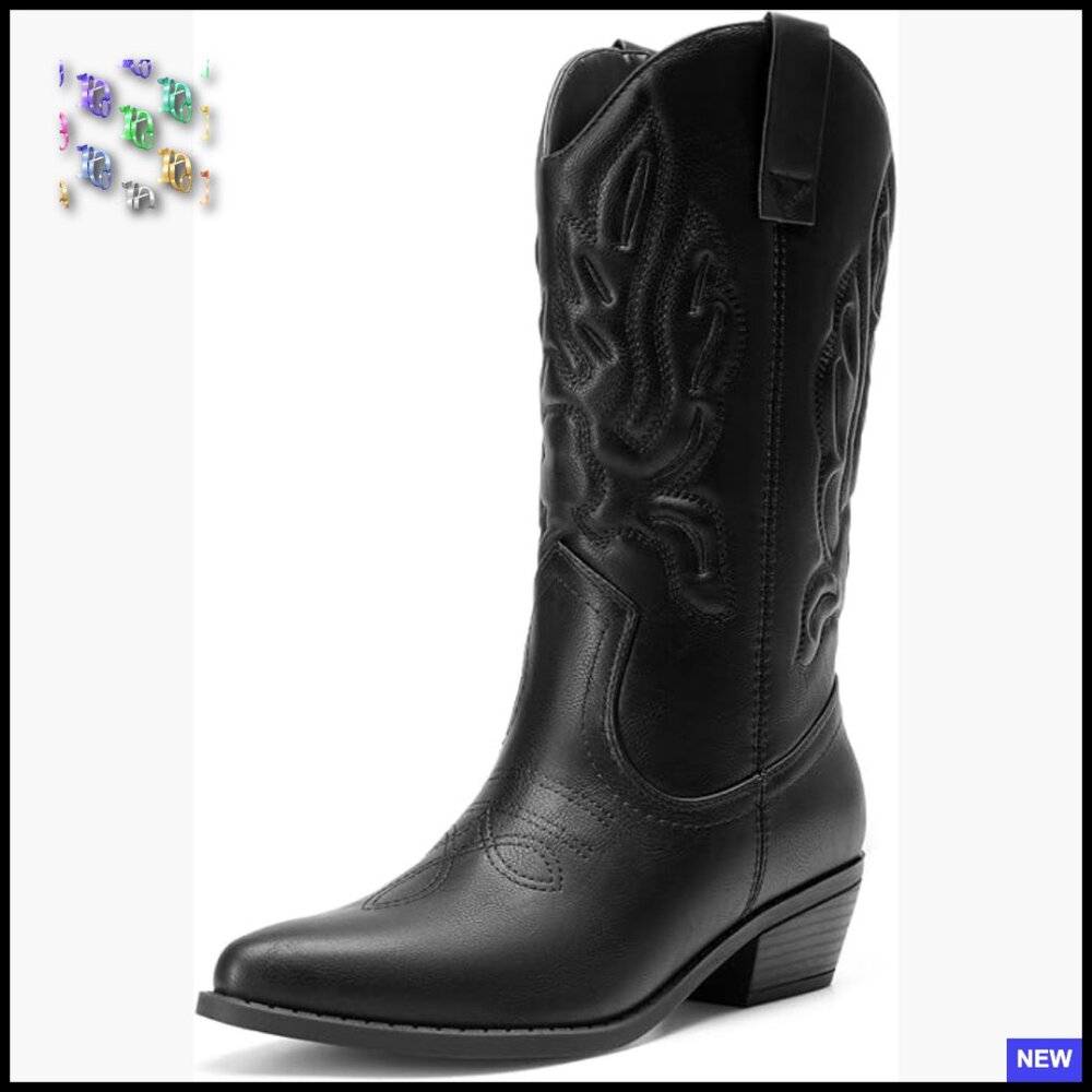 Western Cowgirl Boots Mid Calf Embroidery Stitched Pointed Toe Pull On